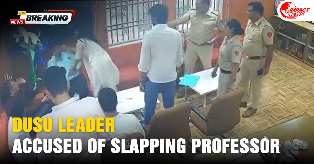 Delhi University teachers protesting on campus after DUSU leader allegedly slaps professor.
