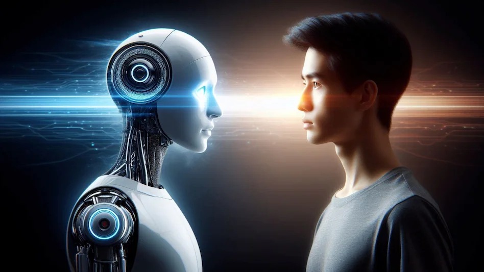Robot and human facing each other symbolizing AI vs human intelligence debate