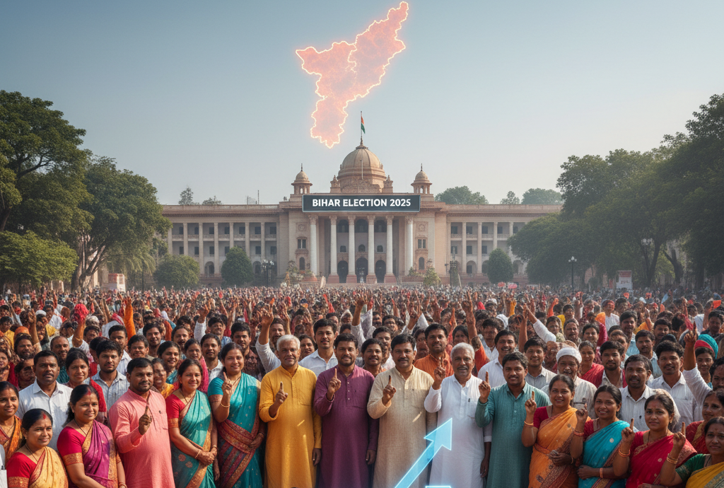 Voters standing in long queues outside a polling booth in Bihar during record turnout for the 2025 elections