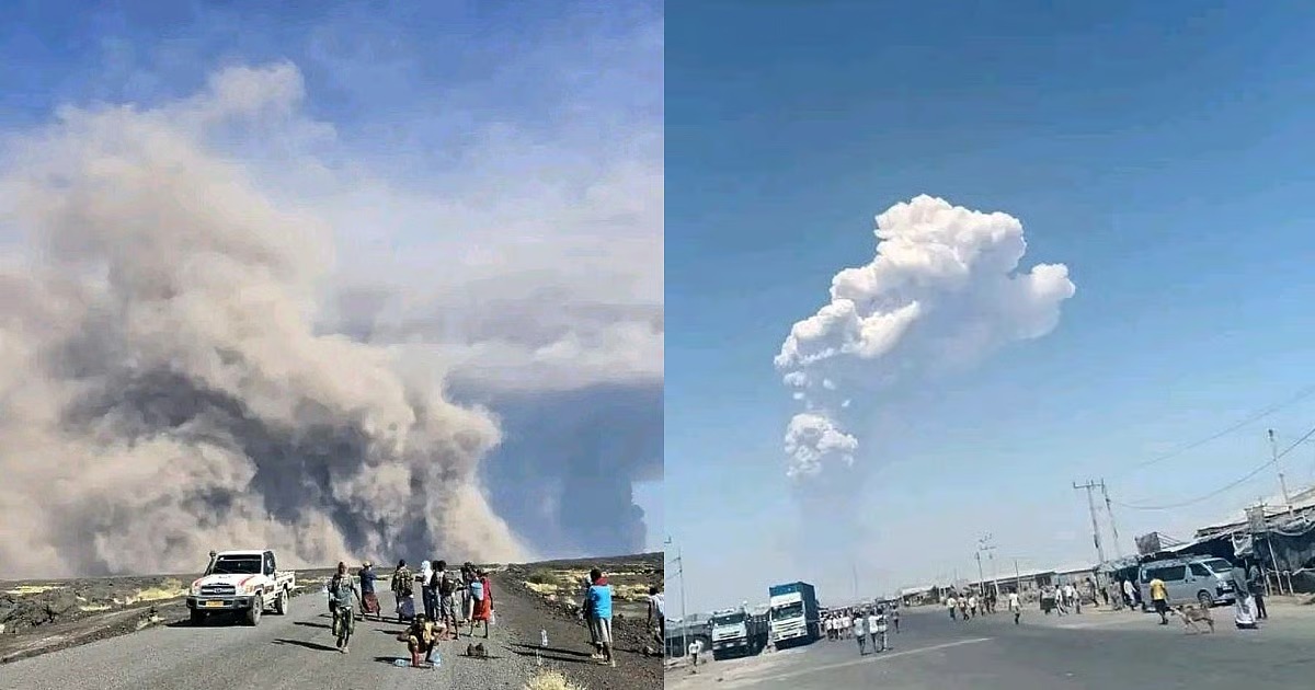 Satellite image showing volcanic ash from Ethiopia drifting toward India causing flight disruptions.