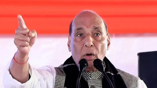 Rajnath Singh speaking at an event where his borders remark sparked debate