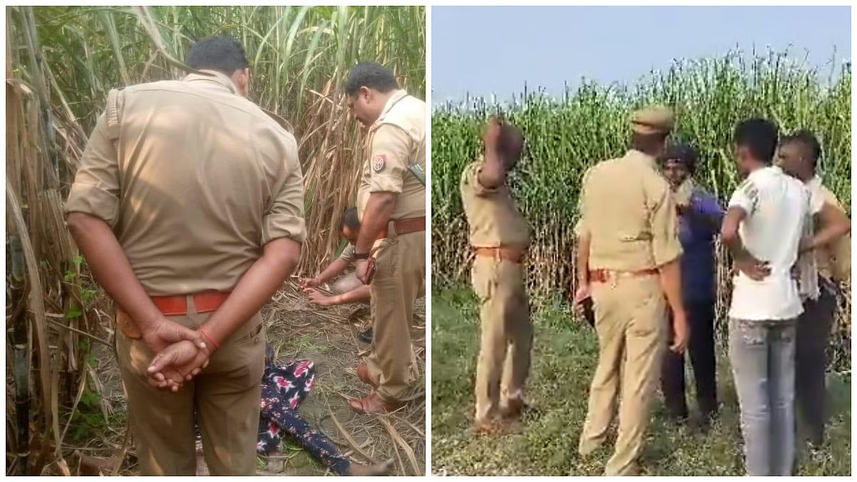 Crime scene in Uttar Pradesh sugarcane field where police investigate the discovery of a 13-year-old girl’s mutilated body.
